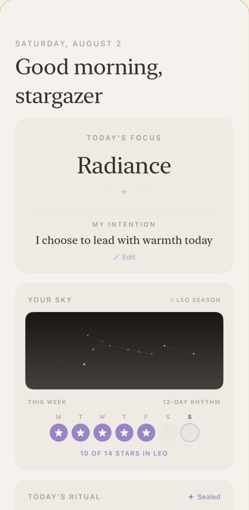 The Solara home screen, showing the day's focus word, the user's intention, and their constellation for the current zodiac season.