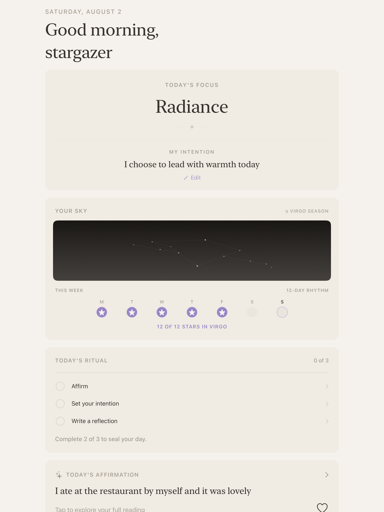 Solara on iPad: the day's focus, Your Sky, and the ritual checklist laid out in a centred column.