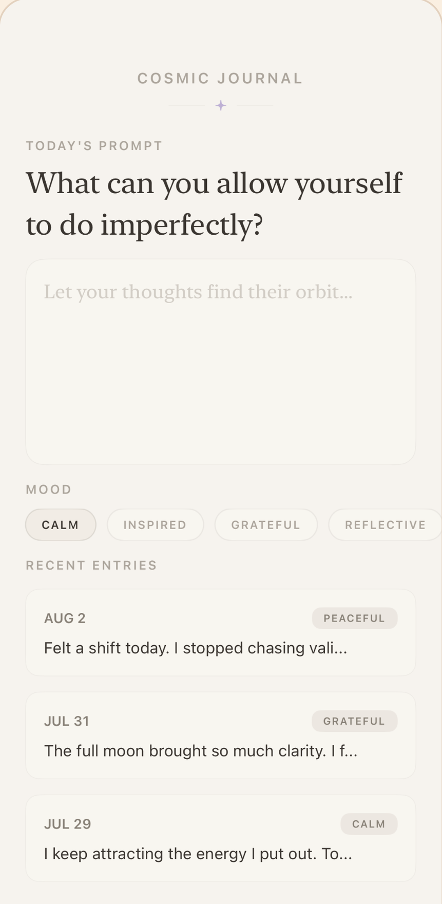 The Solara journal: today's prompt, a writing area, mood tags, and a list of recent entries.