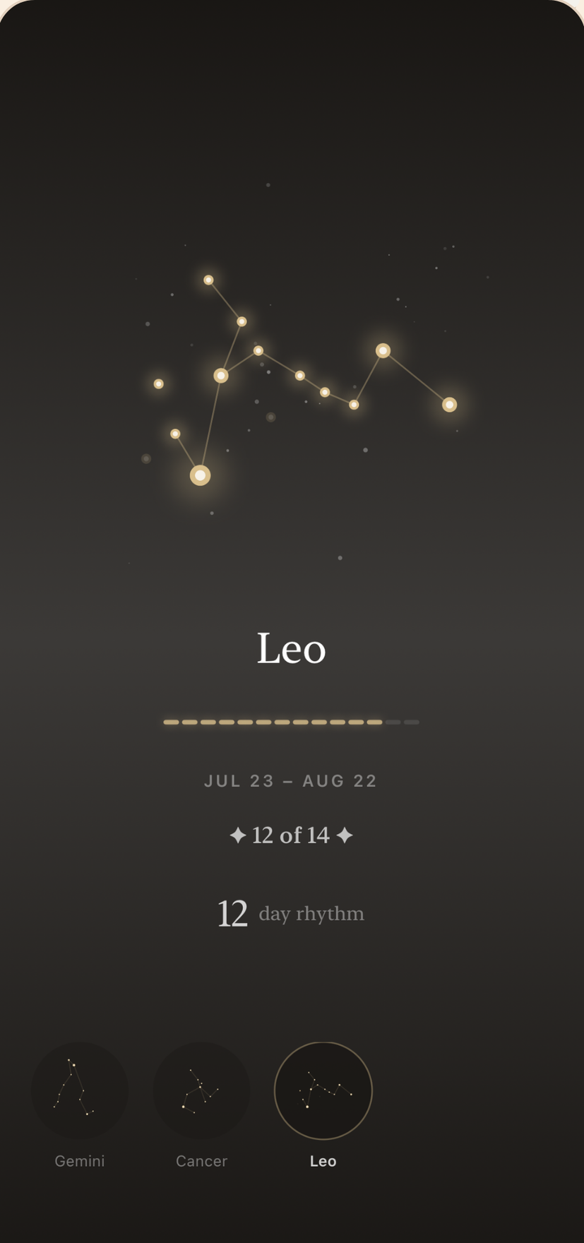 The Your Sky screen: the Leo constellation with twelve of fourteen stars lit, above a strip of previous seasons.